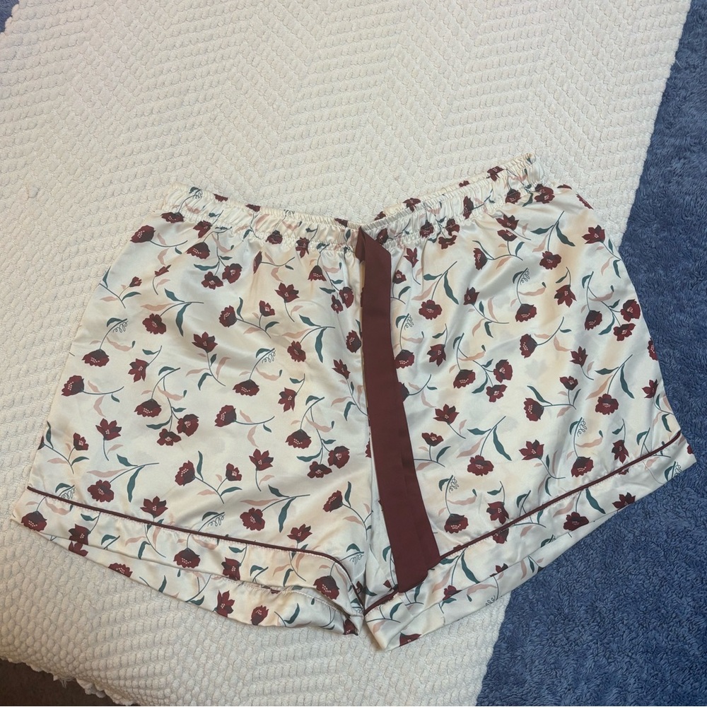Elle Cream Floral Satin Lounge Shorts with Burgundy Trim